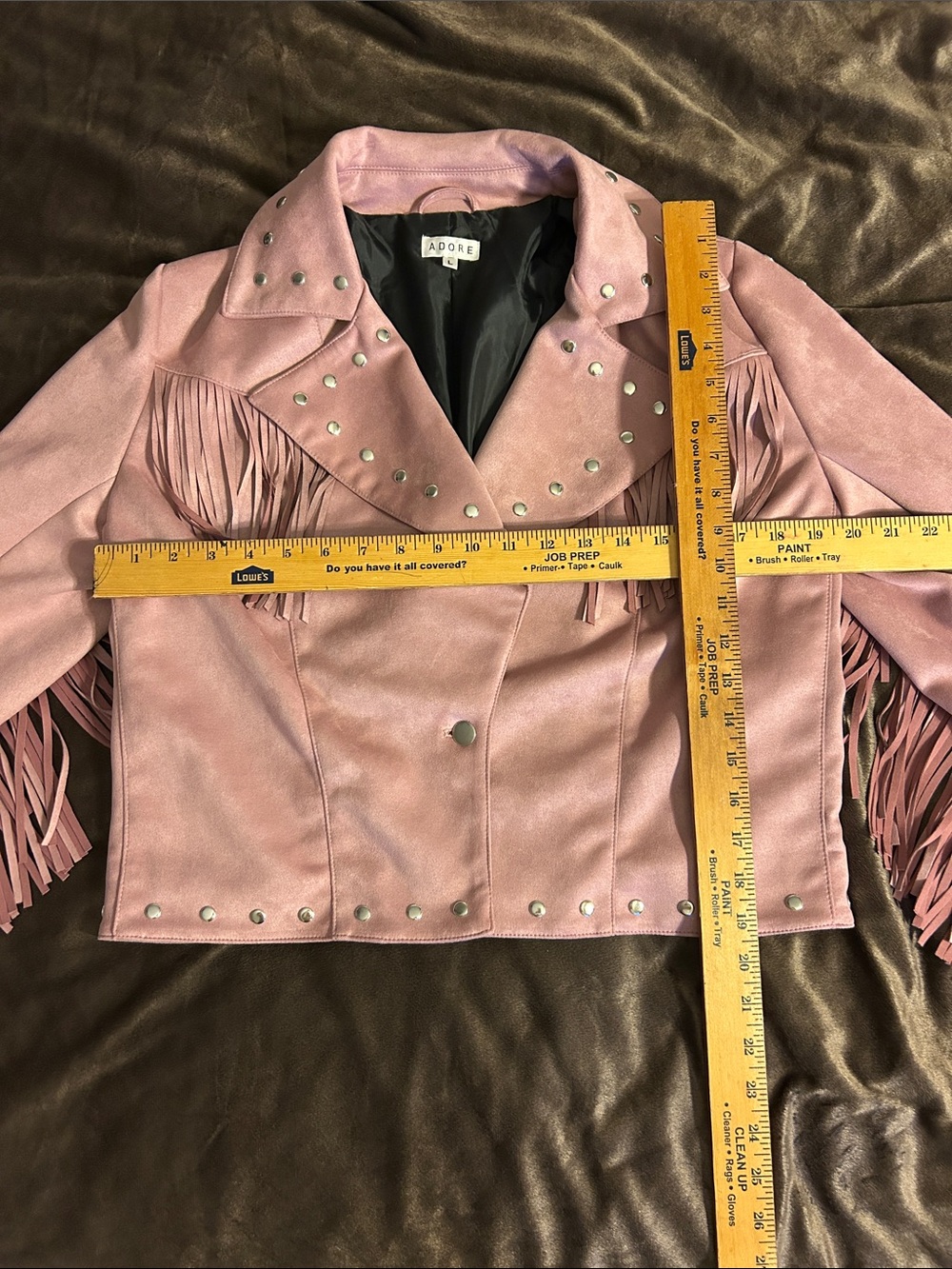 Adore Dusty Pink Faux Suede Fringe Moto Jacket with Studs - Picture 5 of 13